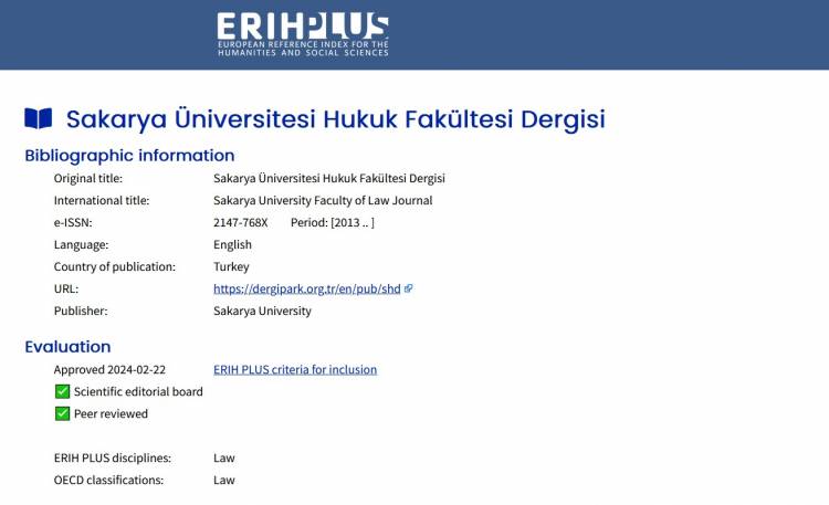 Sakarya Üniversitesi Hukuk Fakültesi Dergisi'nin ERIH PLUS Endeksine Kabulü Hk.